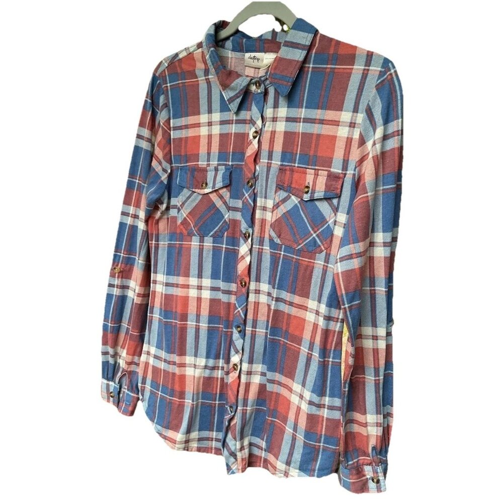 Buckle BKE Plaid Women L Shirt Rust/Blue Long Sleeve Western Farmgirl Daytrip